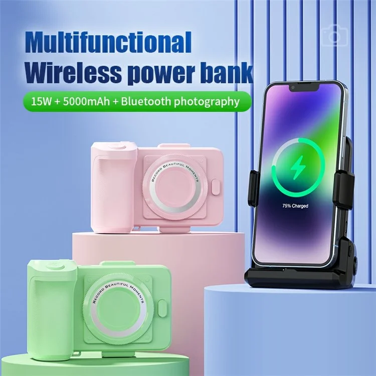 YR-1 5000mAh Power Bank 15W Phone Wireless Charger Bluetooth-compatible Shutter Shooting Handle - Black