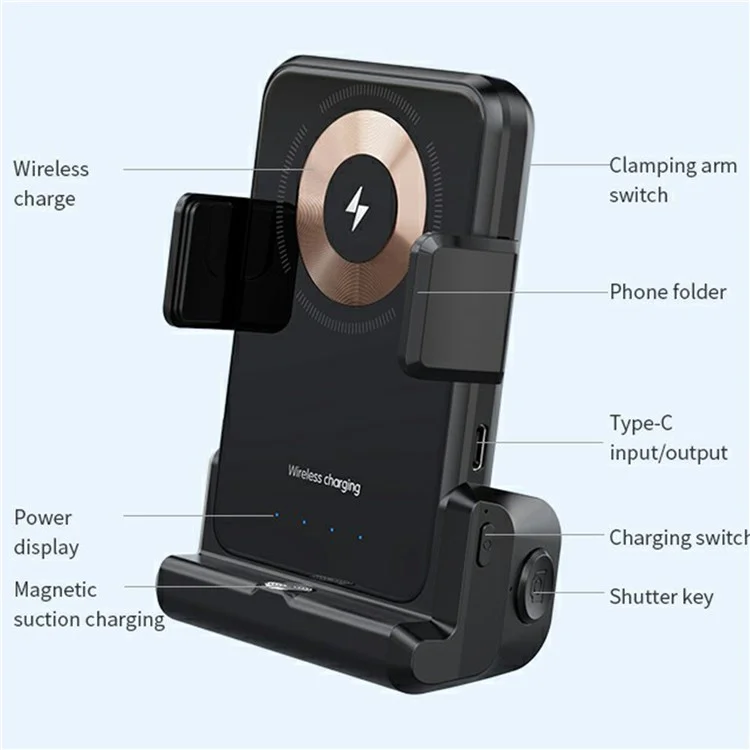 YR-1 5000mAh Power Bank 15W Phone Wireless Charger Bluetooth-compatible Shutter Shooting Handle - Black