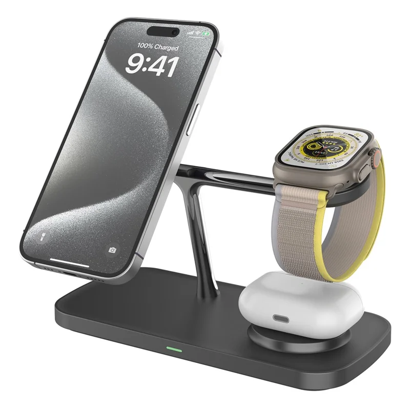 T255 Qi2 15W Magnetic Wireless Charger Watch Earphone Cellphone 3 in 1 Desktop Charging Stand - Black