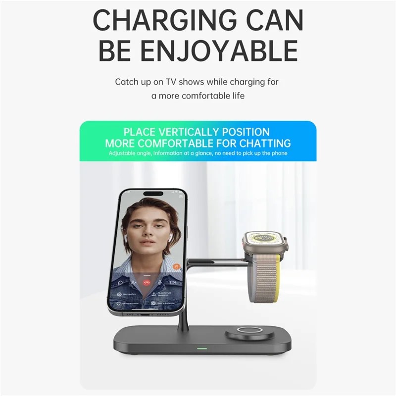 T255 Qi2 15W Magnetic Wireless Charger Watch Earphone Cellphone 3 in 1 Desktop Charging Stand - Black