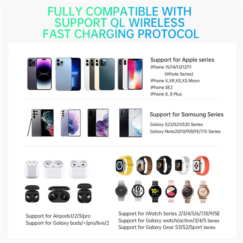 T255 Qi2 15W Magnetic Wireless Charger Watch Earphone Cellphone 3 in 1 Desktop Charging Stand - Black