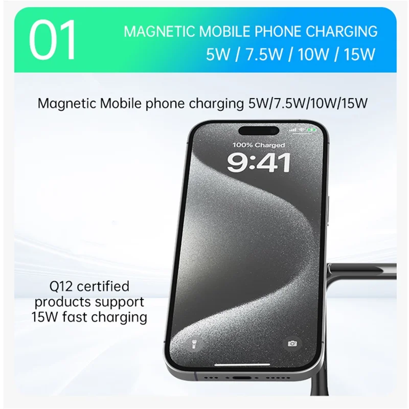 T255 Qi2 15W Magnetic Wireless Charger Watch Earphone Cellphone 3 in 1 Desktop Charging Stand - Black