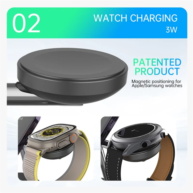 T255 Qi2 15W Magnetic Wireless Charger Watch Earphone Cellphone 3 in 1 Desktop Charging Stand - Black