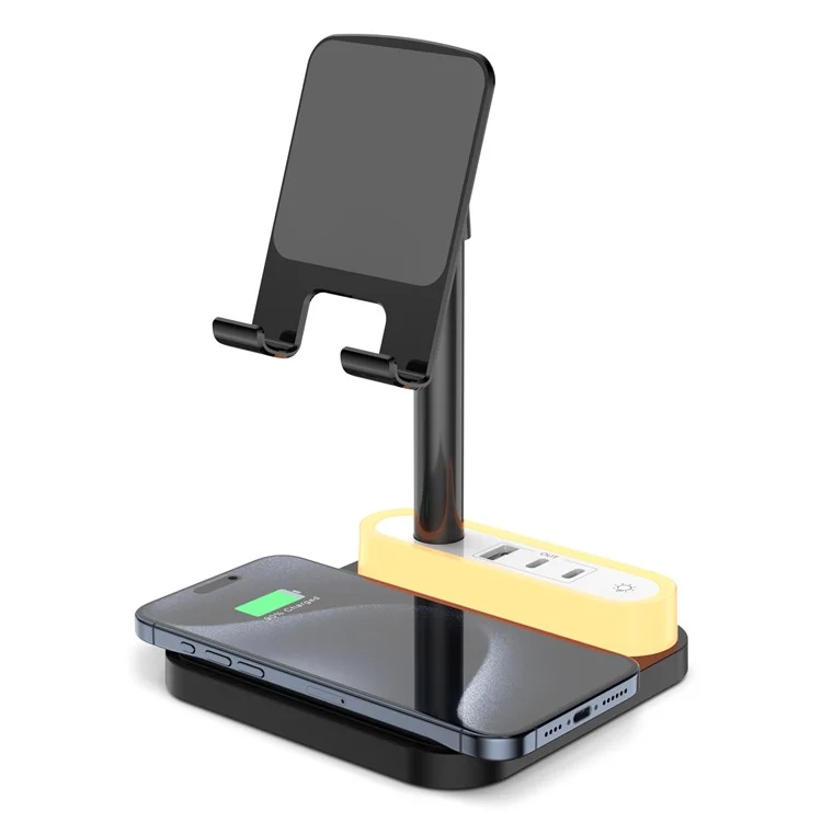HT-531 15W Wireless Charger mit Nachtlicht Telefonhalterung USB + Type-C Stromsteckdose - Schwarz