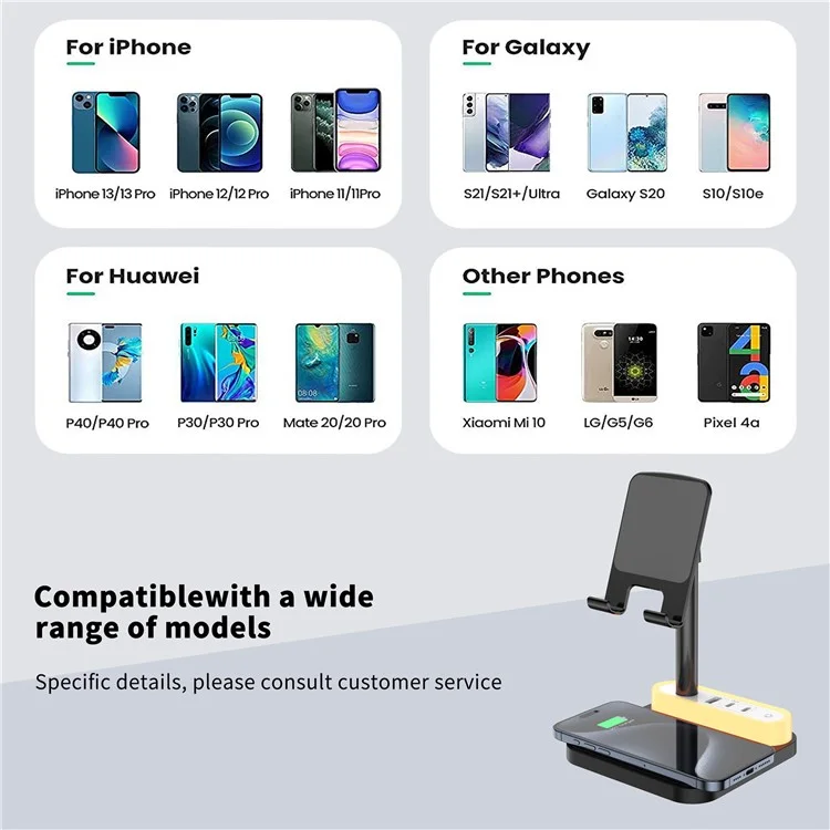 HT-531 15W Wireless Charger mit Nachtlicht Telefonhalterung USB + Type-C Stromsteckdose - Schwarz