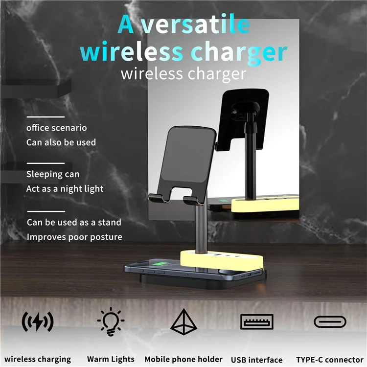 HT-531 15W Wireless Charger mit Nachtlicht Telefonhalterung USB + Type-C Stromsteckdose - Schwarz