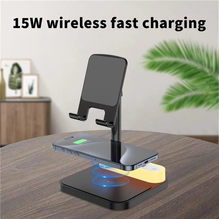 HT-531 15W Wireless Charger mit Nachtlicht Telefonhalterung USB + Type-C Stromsteckdose - Schwarz