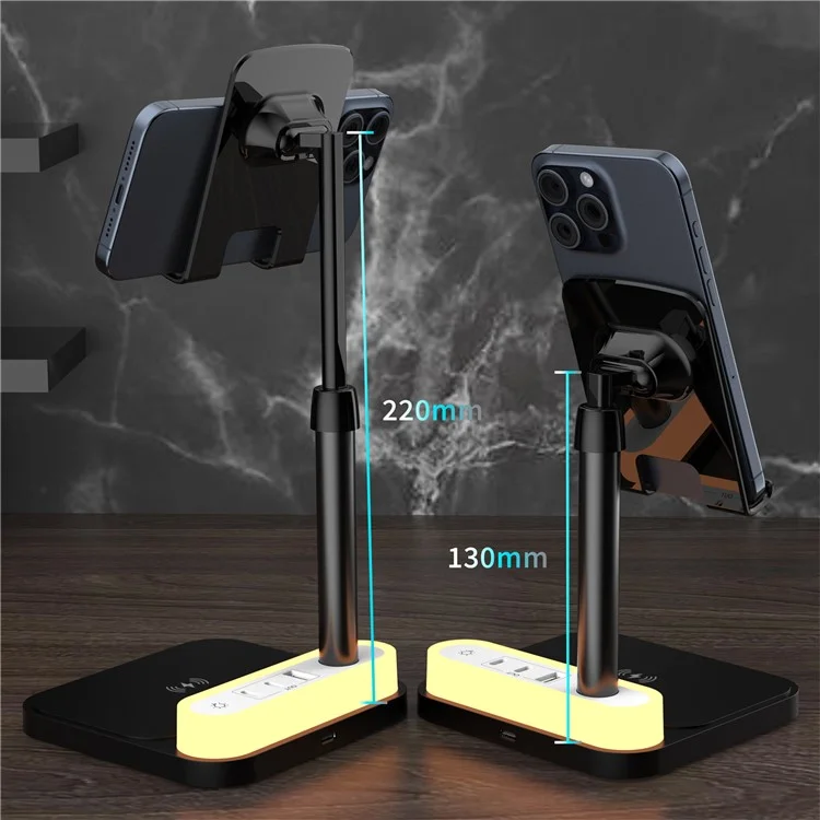 HT-531 15W Wireless Charger mit Nachtlicht Telefonhalterung USB + Type-C Stromsteckdose - Schwarz