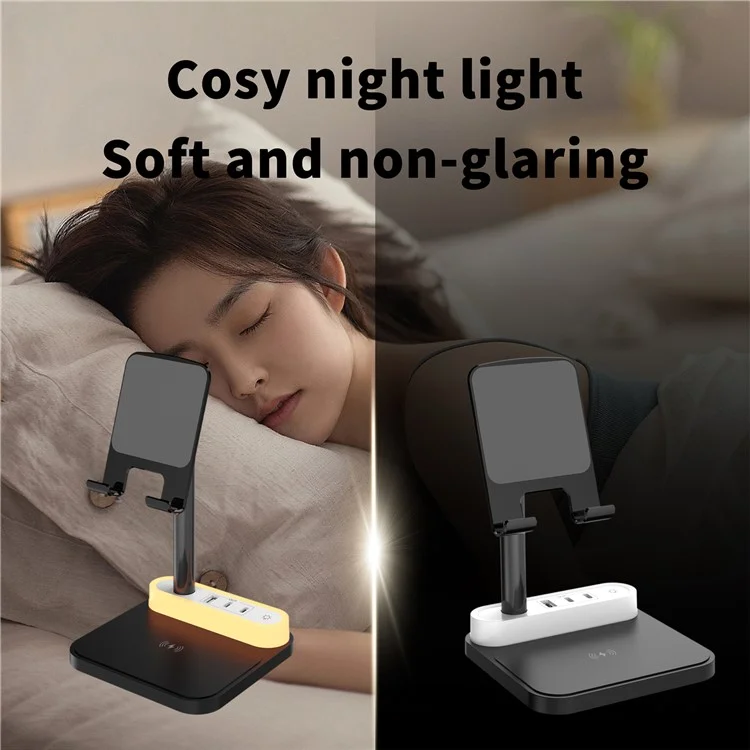 HT-531 15W Wireless Charger mit Nachtlicht Telefonhalterung USB + Type-C Stromsteckdose - Schwarz