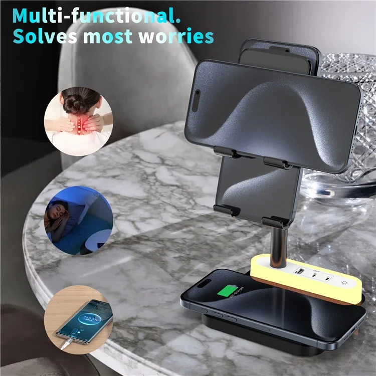 HT-531 15W Wireless Charger mit Nachtlicht Telefonhalterung USB + Type-C Stromsteckdose - Schwarz