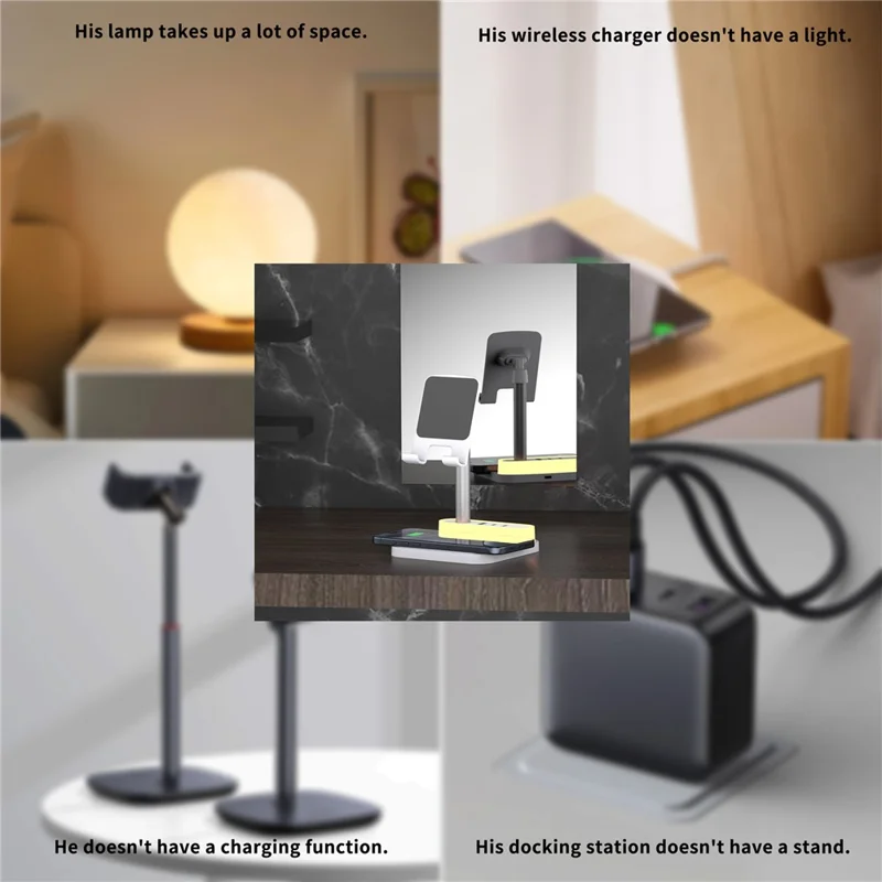 HT-531 15W Wireless Charger with Night Light Phone Bracket USB + Type-C Power Socket - White