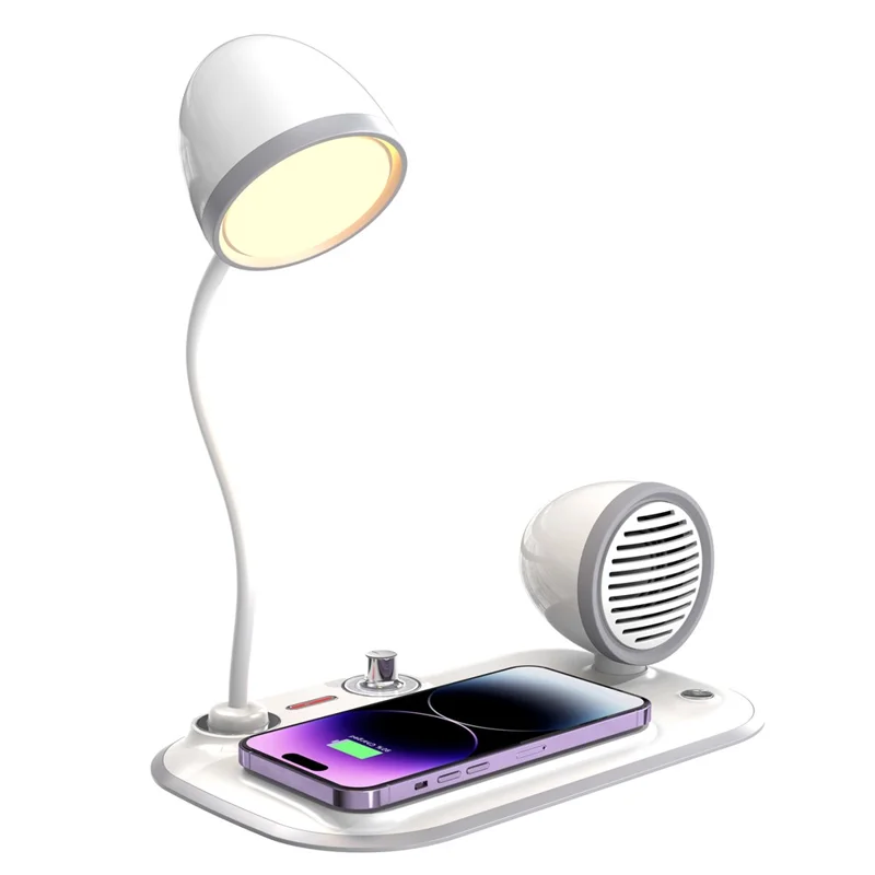 HT-310 3-in-1 15W Wireless Charger 3 Light Modes LED Desk Lamp with Bluetooth-compatible Speaker - White