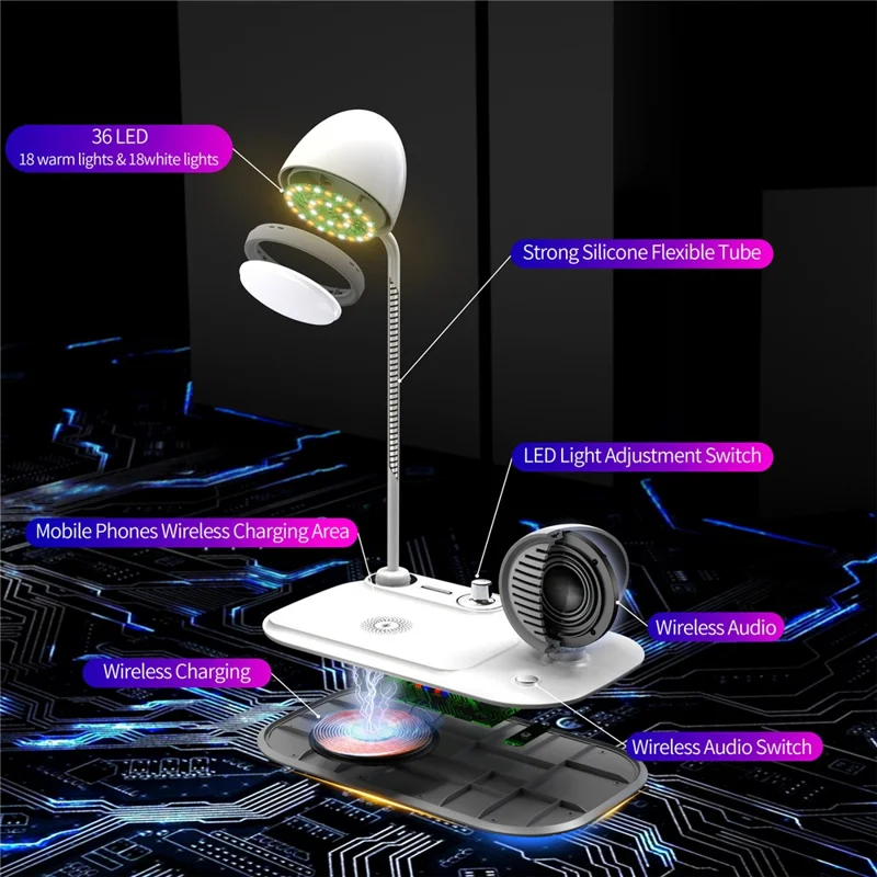 HT-310 3-in-1 15W Wireless Charger 3 Light Modes LED Desk Lamp with Bluetooth-compatible Speaker - White