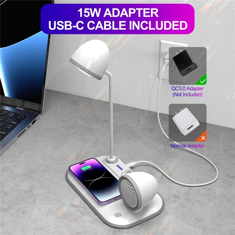 HT-310 3-in-1 15W Wireless Charger 3 Light Modes LED Desk Lamp with Bluetooth-compatible Speaker - White