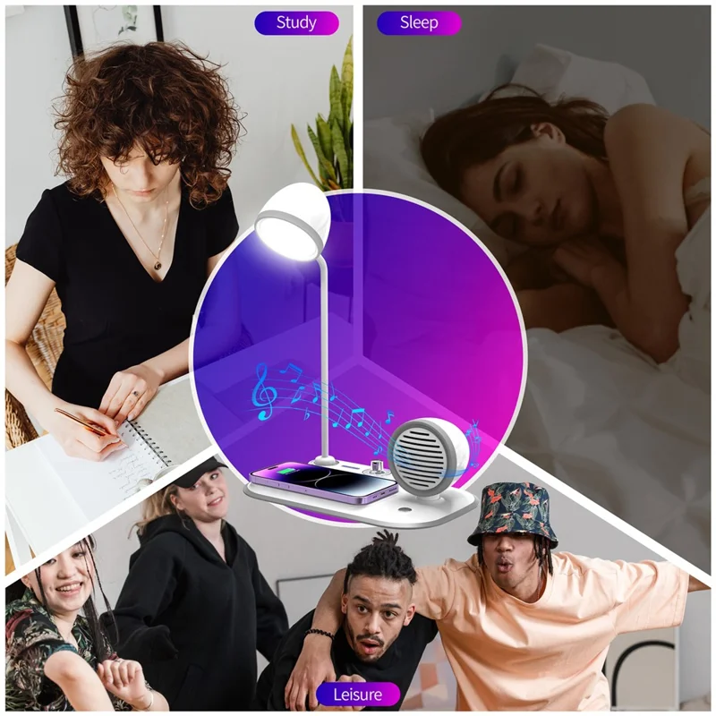 HT-310 3-in-1 15W Wireless Charger 3 Light Modes LED Desk Lamp with Bluetooth-compatible Speaker - White