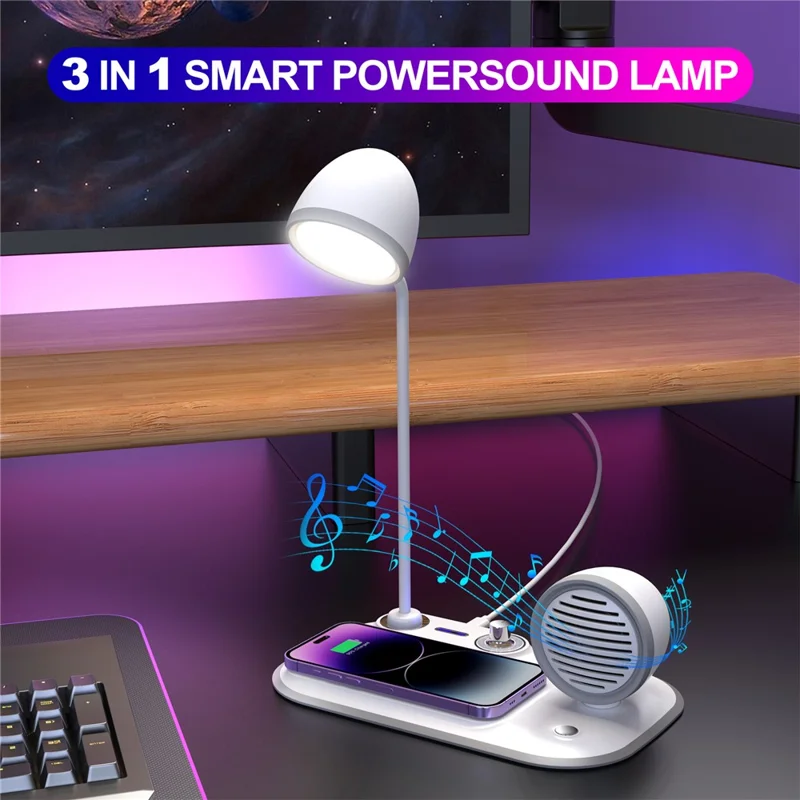 HT-310 3-in-1 15W Wireless Charger 3 Light Modes LED Desk Lamp with Bluetooth-compatible Speaker - White