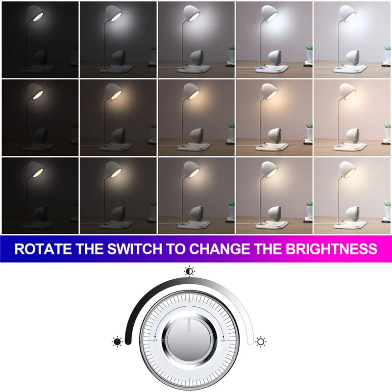 HT-310 3-in-1 15W Wireless Charger 3 Light Modes LED Desk Lamp with Bluetooth-compatible Speaker - White