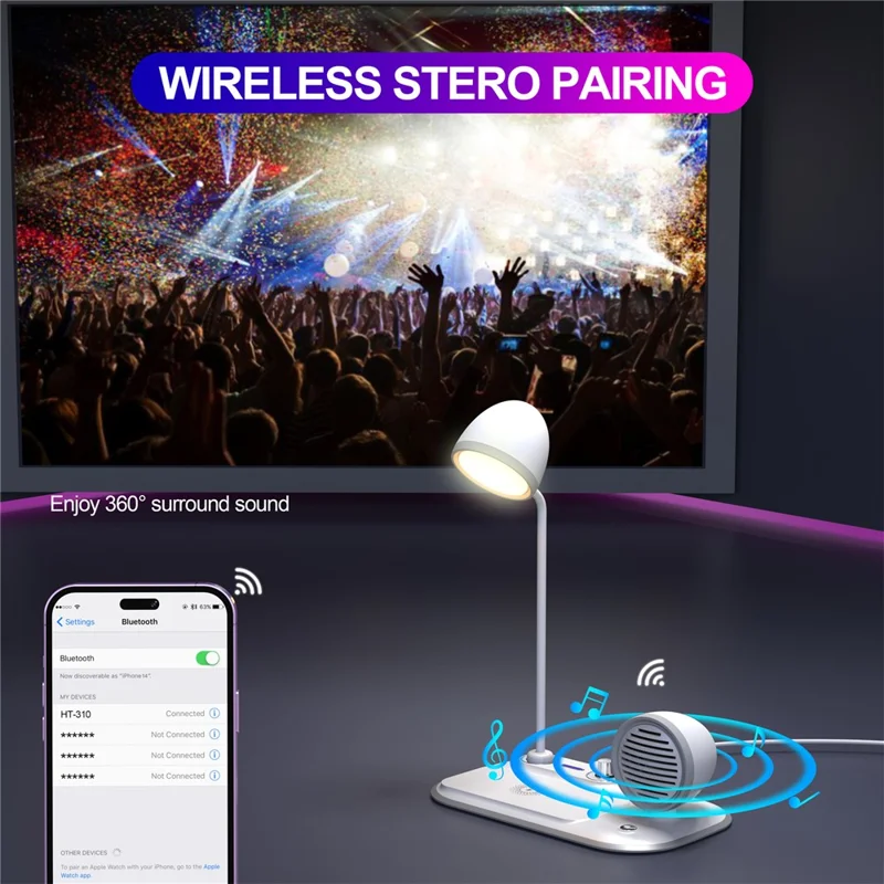 HT-310 3-in-1 15W Wireless Charger 3 Light Modes LED Desk Lamp with Bluetooth-compatible Speaker - White