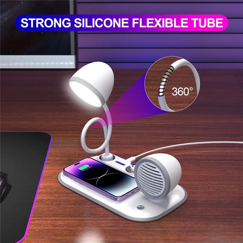 HT-310 3-in-1 15W Wireless Charger 3 Light Modes LED Desk Lamp with Bluetooth-compatible Speaker - White