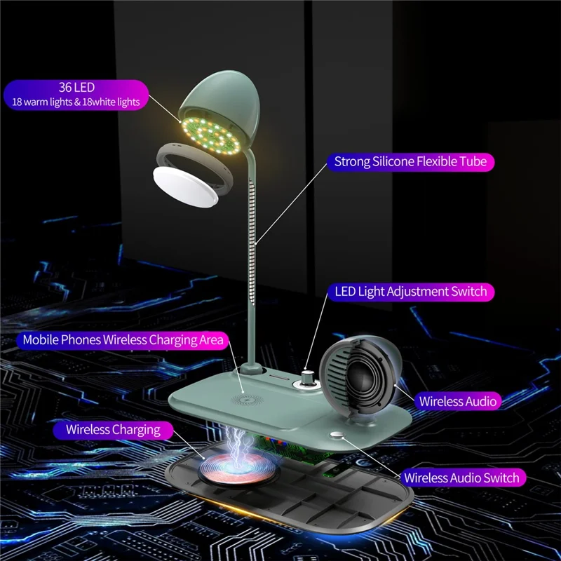 HT-310 3-in-1 15W Wireless Charger 3 Light Modes LED Desk Lamp with Bluetooth-compatible Speaker - Blackish Green