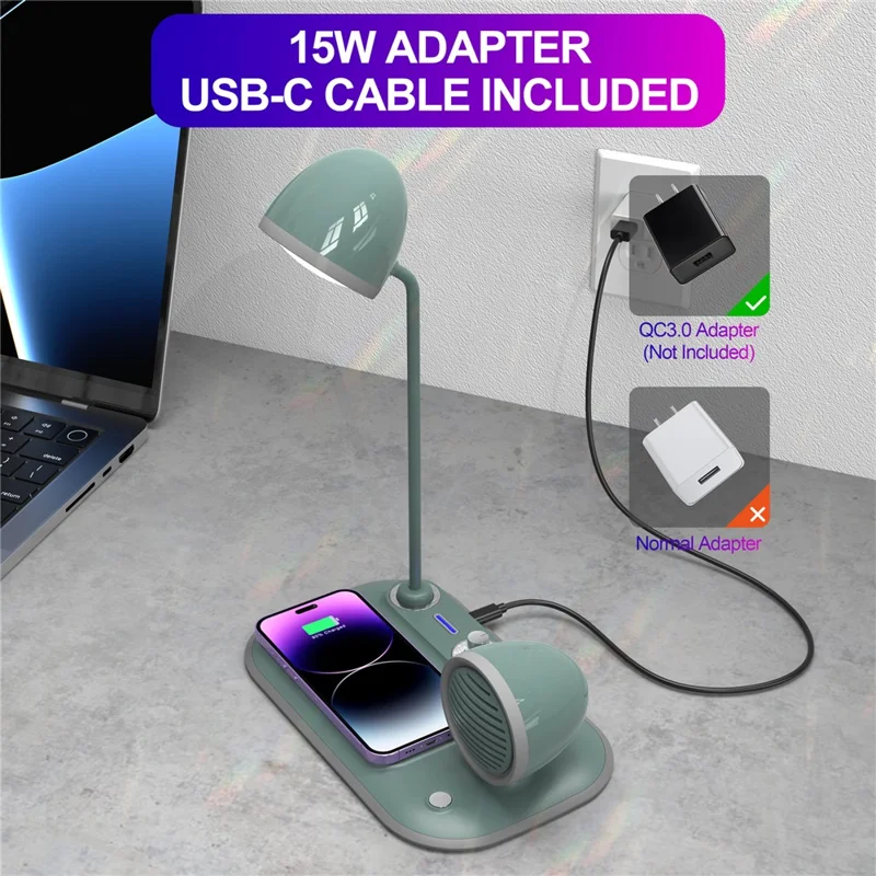 HT-310 3-in-1 15W Wireless Charger 3 Light Modes LED Desk Lamp with Bluetooth-compatible Speaker - Blackish Green