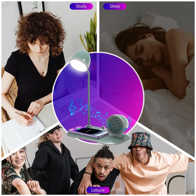 HT-310 3-in-1 15W Wireless Charger 3 Light Modes LED Desk Lamp with Bluetooth-compatible Speaker - Blackish Green
