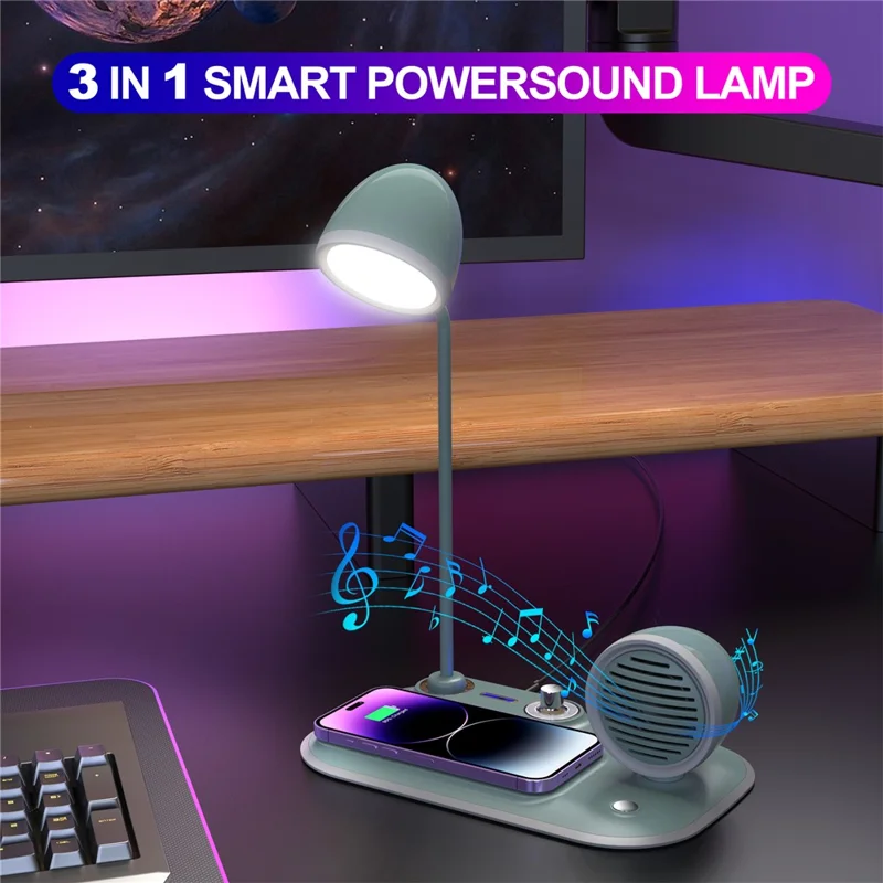 HT-310 3-in-1 15W Wireless Charger 3 Light Modes LED Desk Lamp with Bluetooth-compatible Speaker - Blackish Green