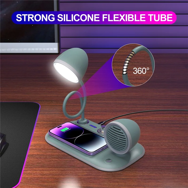 HT-310 3-in-1 15W Wireless Charger 3 Light Modes LED Desk Lamp with Bluetooth-compatible Speaker - Blackish Green