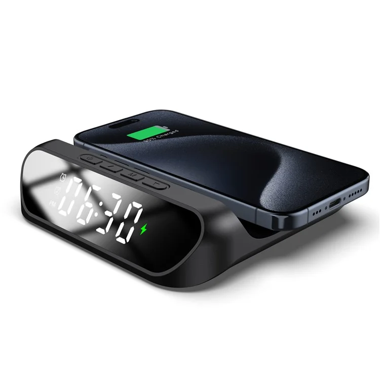 HT-331 2-in-1 15W Desktop Wireless Charger Dimmable Alarm Clock with Snooze Function - Schwarz