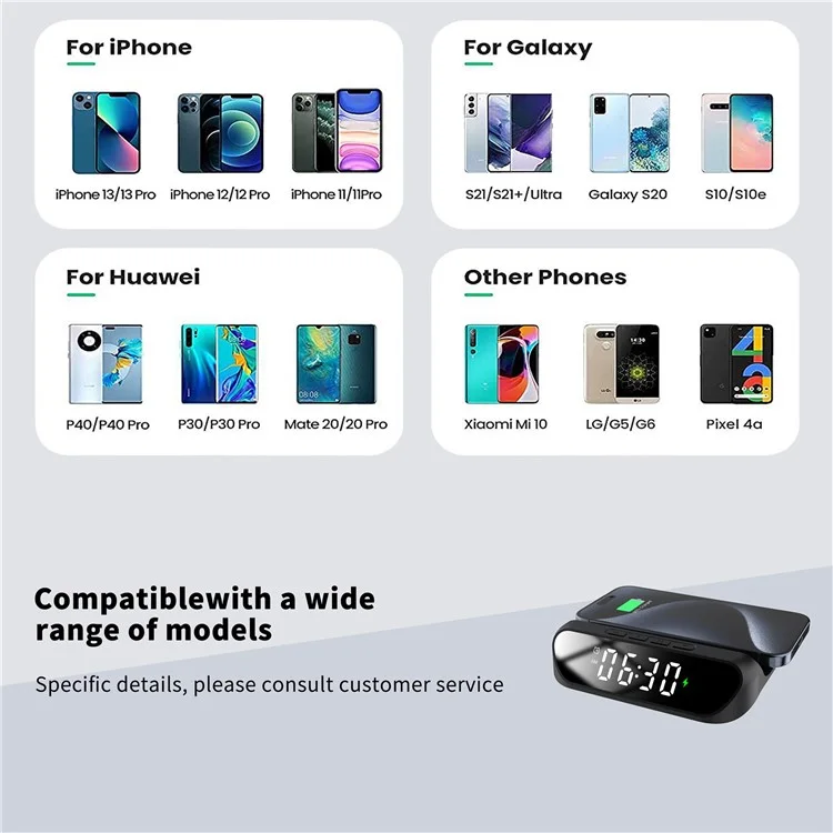HT-331 2-in-1 15W Desktop Wireless Charger Dimmable Alarm Clock with Snooze Function - Schwarz