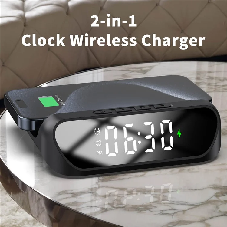 HT-331 2-in-1 15W Desktop Wireless Charger Dimmable Alarm Clock with Snooze Function - Schwarz
