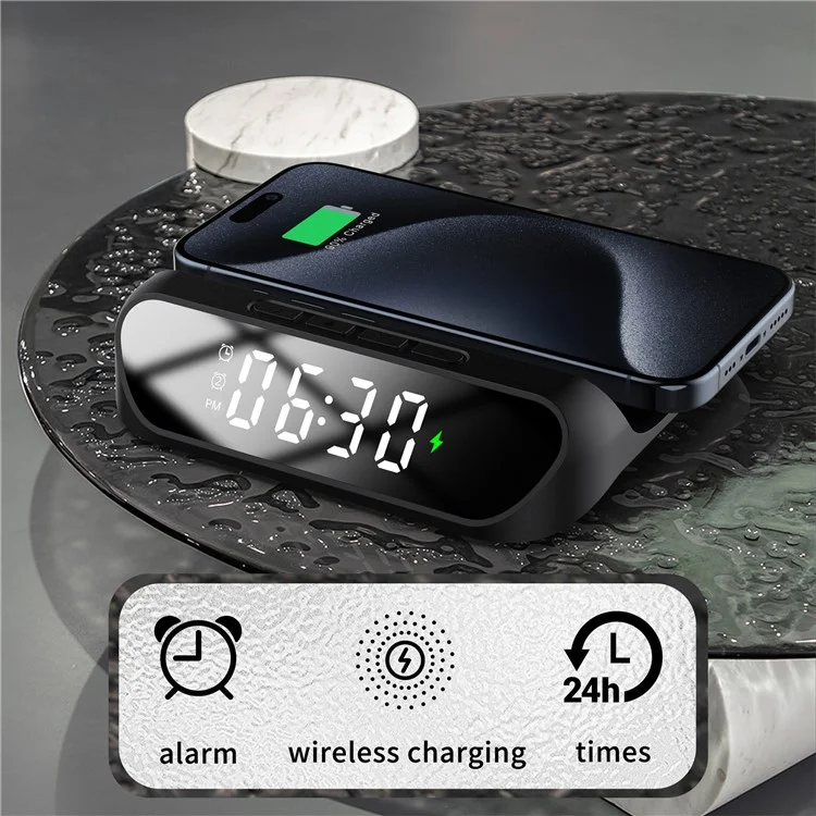 HT-331 2-in-1 15W Desktop Wireless Charger Dimmable Alarm Clock with Snooze Function - Schwarz