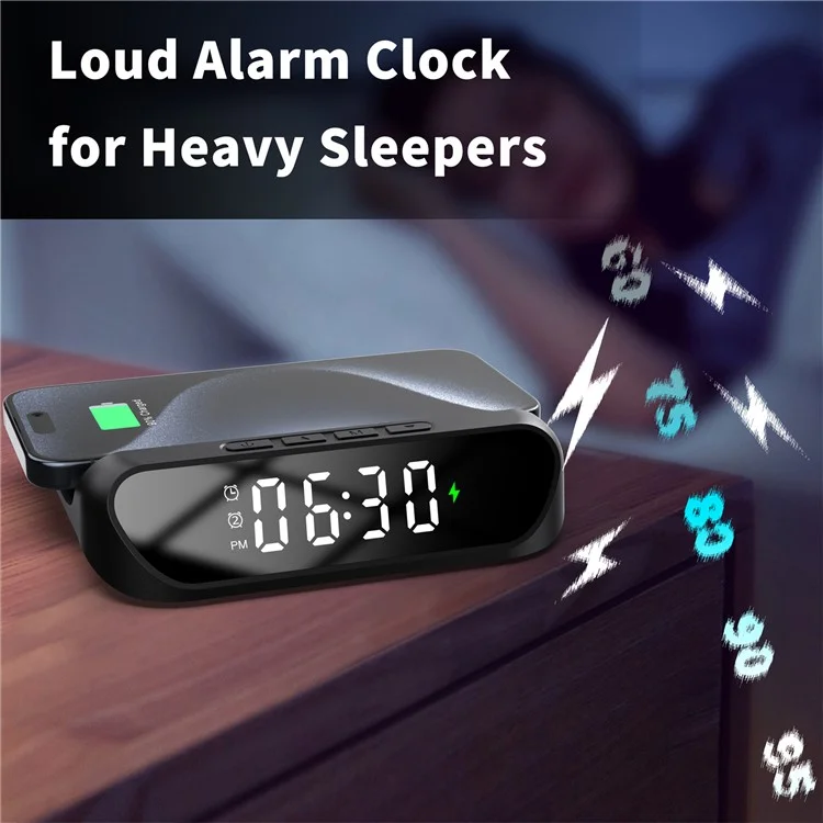 HT-331 2-in-1 15W Desktop Wireless Charger Dimmable Alarm Clock with Snooze Function - Schwarz