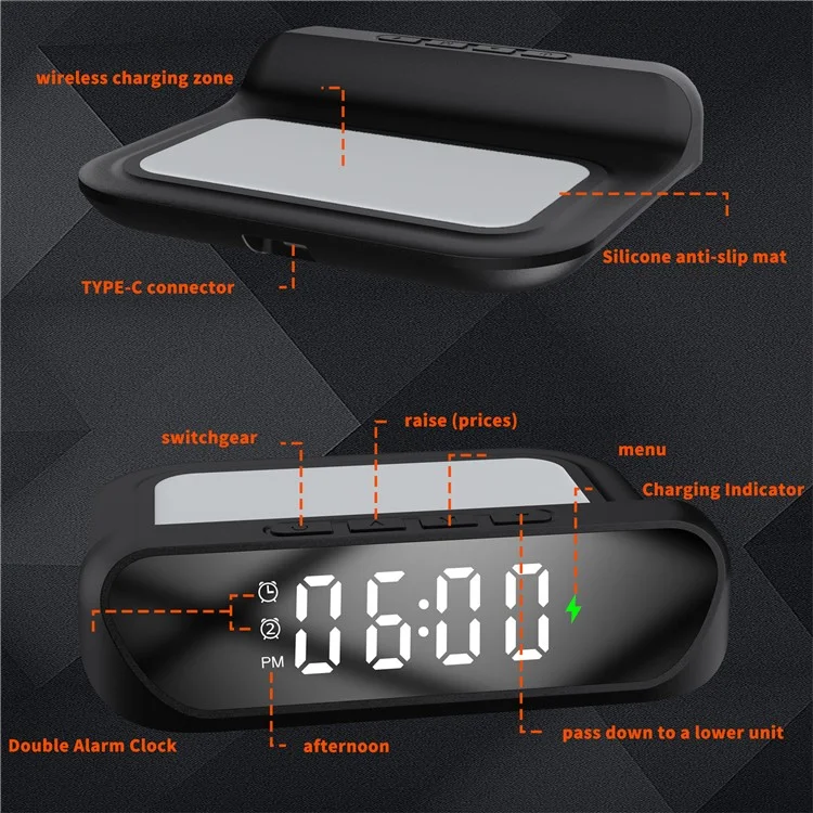 HT-331 2-in-1 15W Desktop Wireless Charger Dimmable Alarm Clock with Snooze Function - Schwarz