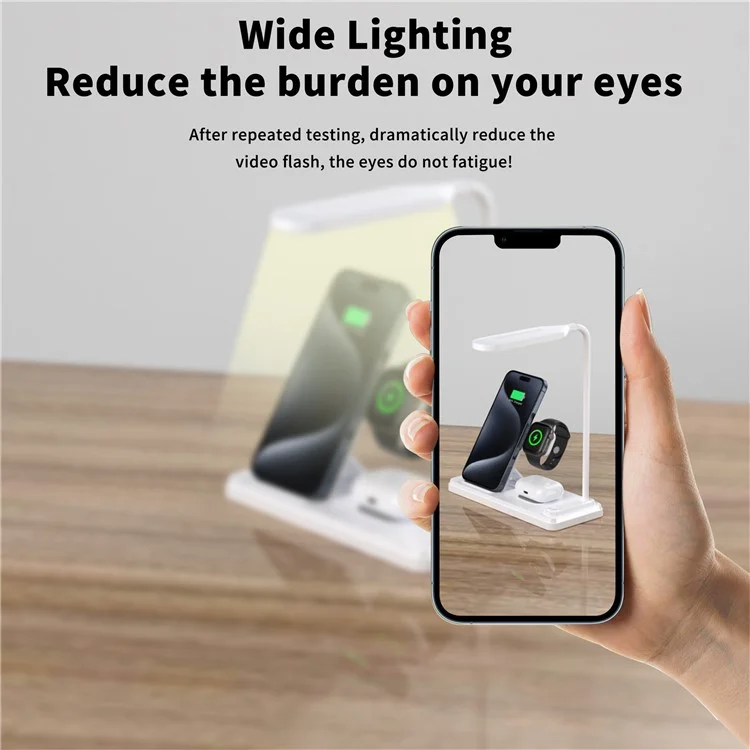 HT-503 Folding 15W Wireless Charger for Phone / Watch / Earbuds with Touch Control LED Table Lamp - White