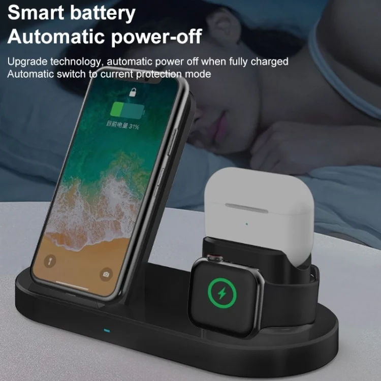3-In-1 15W Wireless Charger Charging Pad Stand für Airpods, Mobiltelefon, Uhr - Schwarz