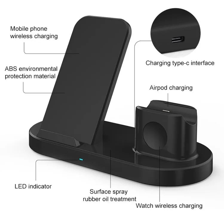 3-In-1 15W Wireless Charger Charging Pad Stand für Airpods, Mobiltelefon, Uhr - Schwarz