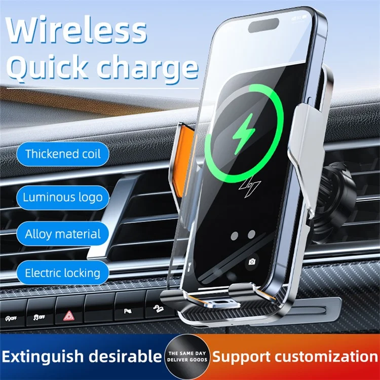 C8 15W Car Air Vent Phone Holder Wireless Charger Metal Charging Bracket - Grey