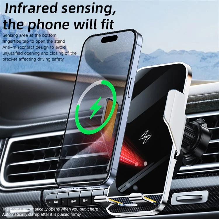 C8 15W Car Air Vent Phone Holder Wireless Charger Metal Charging Bracket - Grey