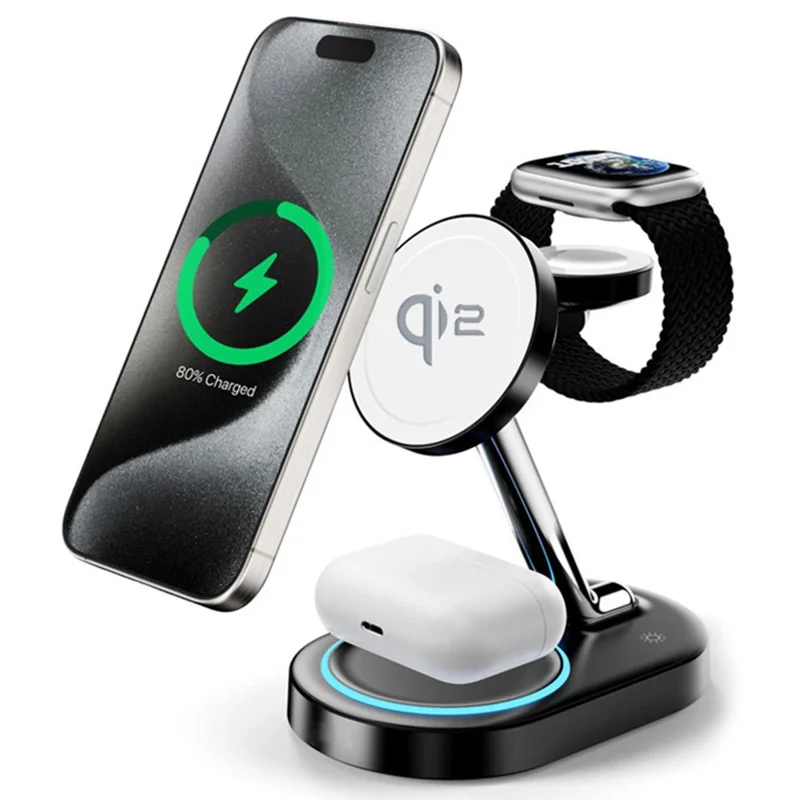 Y302  Watch / Earphone / Phone 3-in-1 Wireless Charging Stand Qi2 15W Magnetic Wireless Charger (MOQ: 1000) - Black