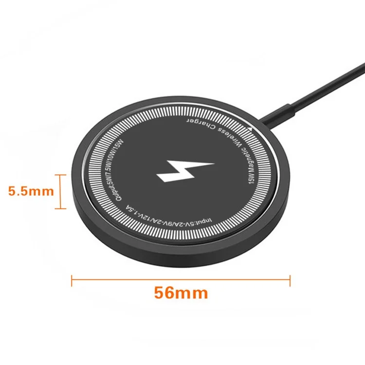 Cargador inalámbrico magnético redondo W104 de 15 W para teléfono, con cable Tipo-C - Negro