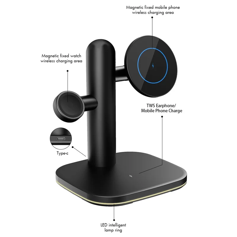 W98 15W Wireless Charger Stand with Light for Apple Watch AirPods iPhone - White