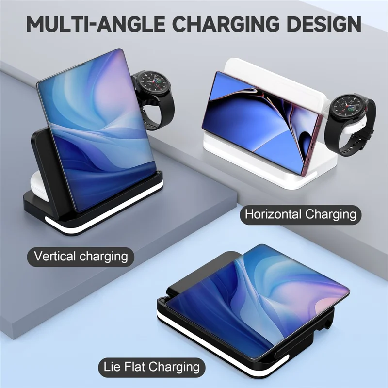 B26 For Huawei Watch Wireless Charger Earphone Smartwatch Foldable Phone 3-in-1 Charge Stand - White