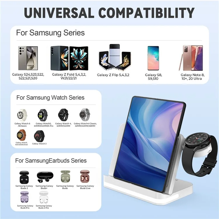 B26 For Huawei Watch Wireless Charger Earphone Smartwatch Foldable Phone 3-in-1 Charge Stand - White