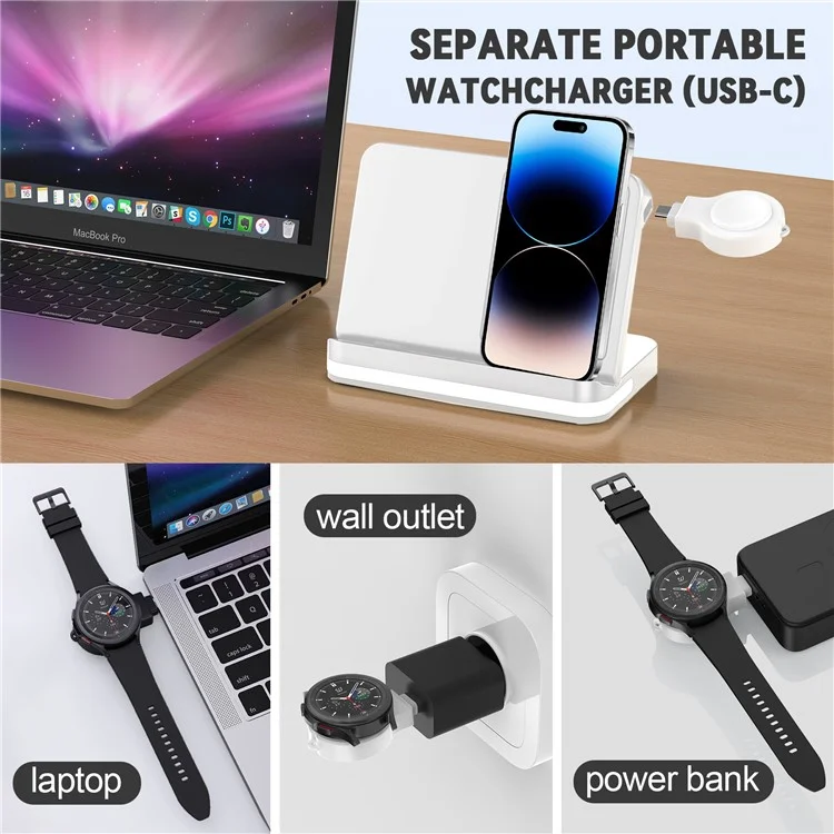 B26 For Huawei Watch Wireless Charger Earphone Smartwatch Foldable Phone 3-in-1 Charge Stand - White