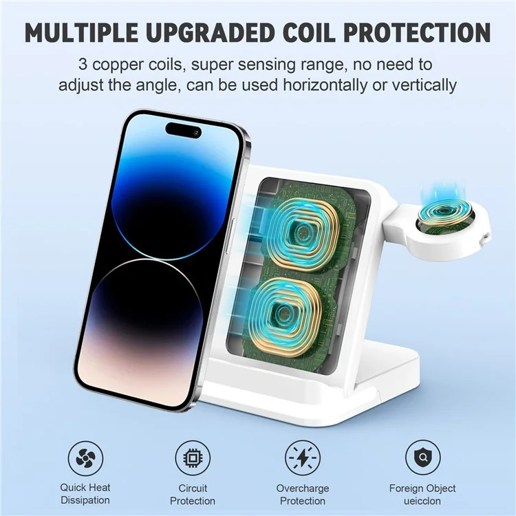 B26 For Huawei Watch Wireless Charger Earphone Smartwatch Foldable Phone 3-in-1 Charge Stand - White
