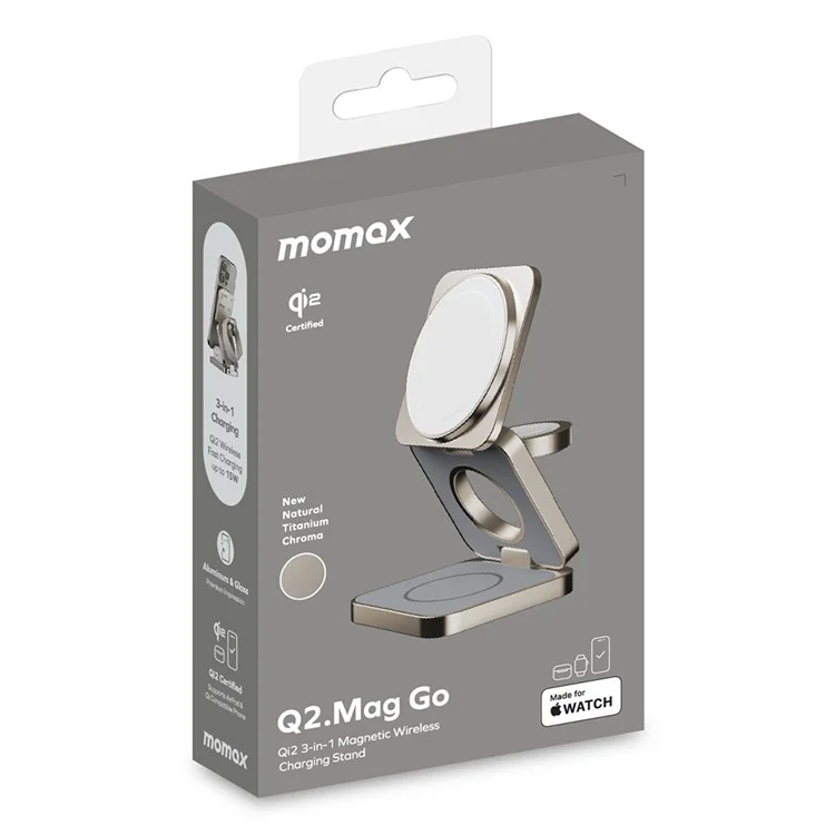 MOMAX Q2.Mag Go Watch / Écouteur / Téléphone Chargeur Pliable Magnétique sans Fil 3 en 1, Certifié Qi2+MFW - Titane