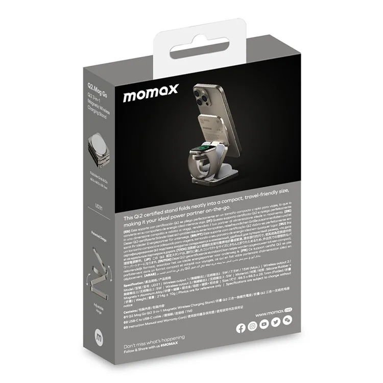 MOMAX Q2.Mag Go Watch / Écouteur / Téléphone Chargeur Pliable Magnétique sans Fil 3 en 1, Certifié Qi2+MFW - Titane