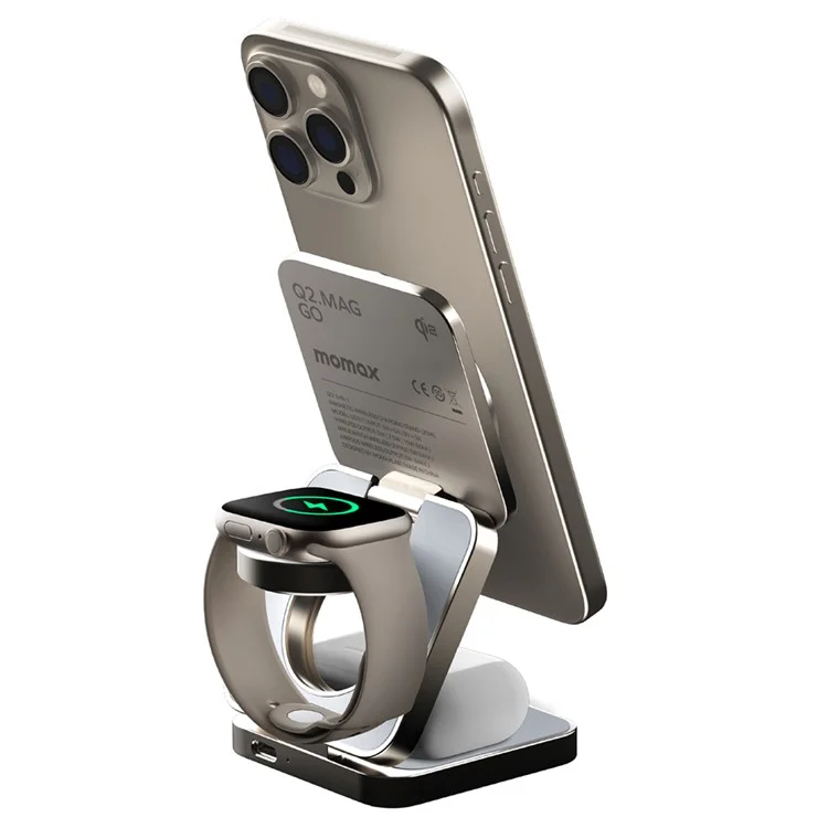 MOMAX Q2.Mag Go Watch / Écouteur / Téléphone Chargeur Pliable Magnétique sans Fil 3 en 1, Certifié Qi2+MFW - Titane