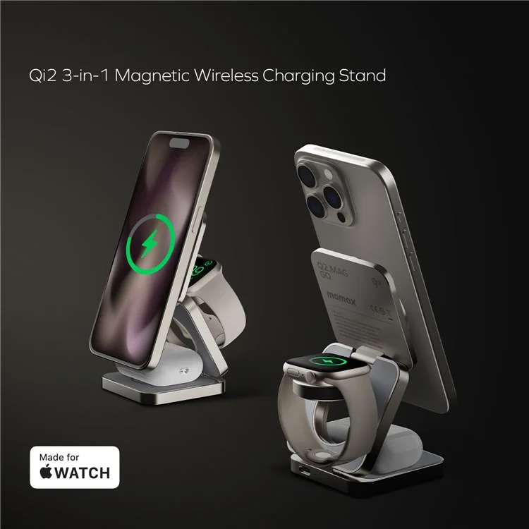 MOMAX Q2.Mag Go Watch / Écouteur / Téléphone Chargeur Pliable Magnétique sans Fil 3 en 1, Certifié Qi2+MFW - Titane